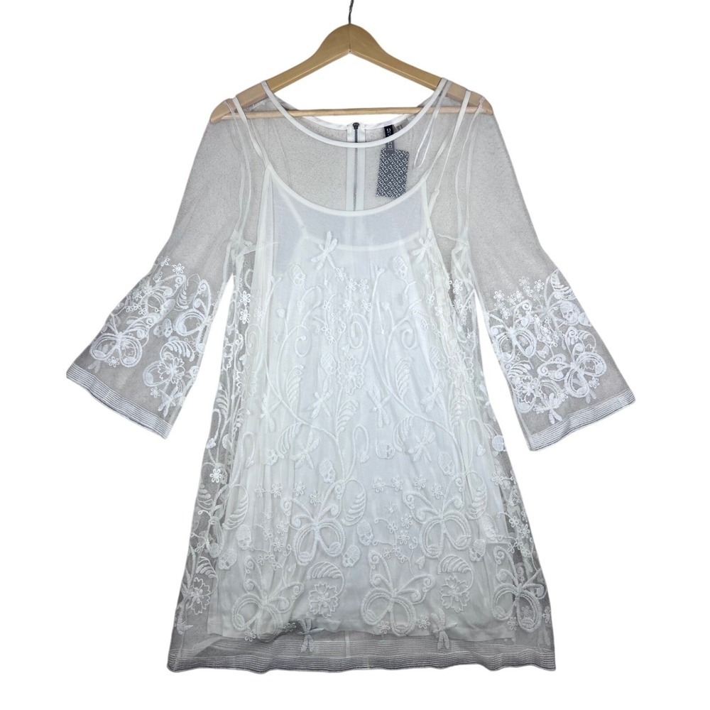 HM Divided White Mesh Embroidered Butterfly Boho Mini Dress NWT 12 Fairycore